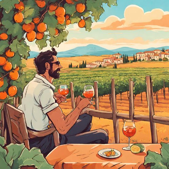 a man enjoying aperol spritz while looking his land and vineyard in his property in sardinia with cannonau di sardegna growing
